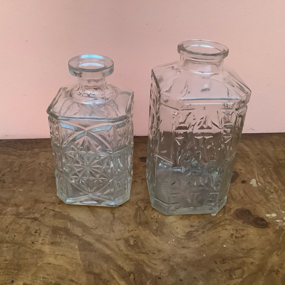 Lot Of 2 Vintage Clear Glass Square Bottles Decanter Sold As Pictured
